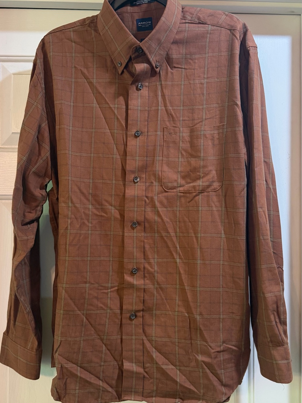 Arrow Men's Brown Plaid Button-Down Shirt Size L 16-16.5@